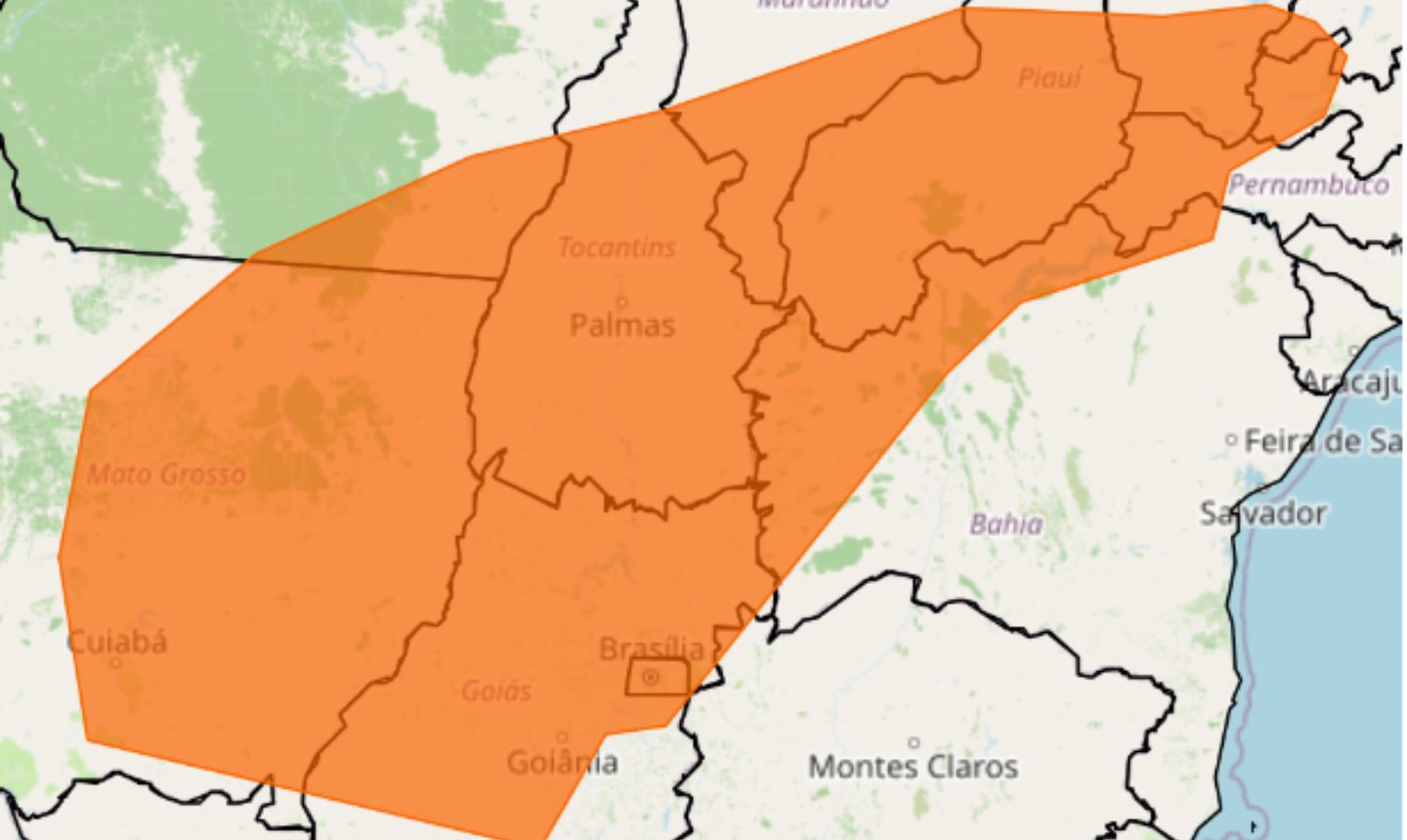 a imagem mostra area em grande parte do Brasil com alerta de baixa umidade
